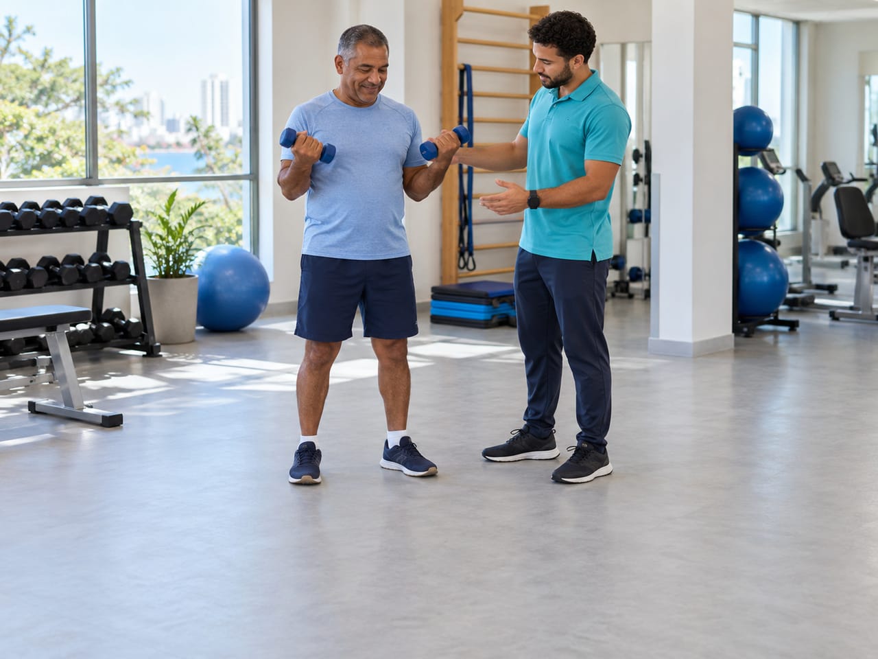 Educador físico acompanhando um aluno de meia-idade num exercício com halteres leves