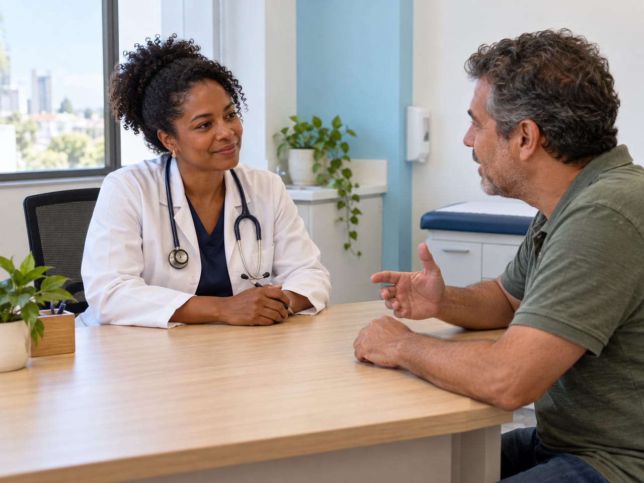 Médica conversando com um paciente durante a consulta no consultório