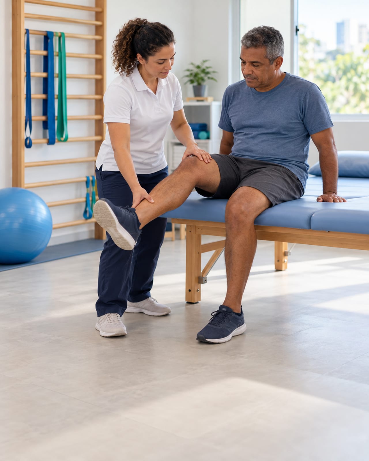 Fisioterapeuta guiando o exercício de joelho de um paciente sentado na maca