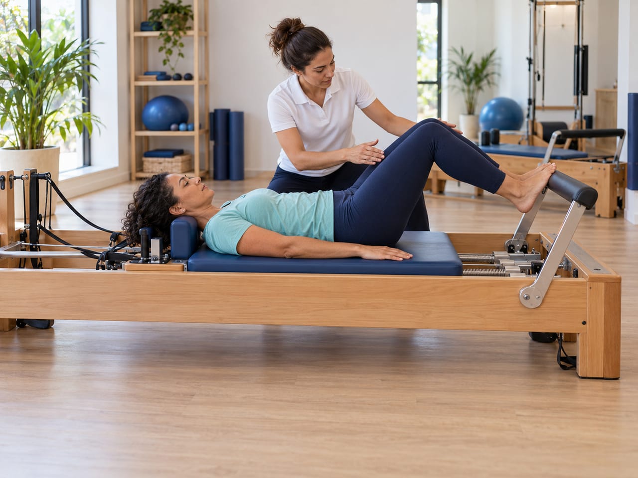 Instrutora orientando uma paciente deitada no aparelho de pilates